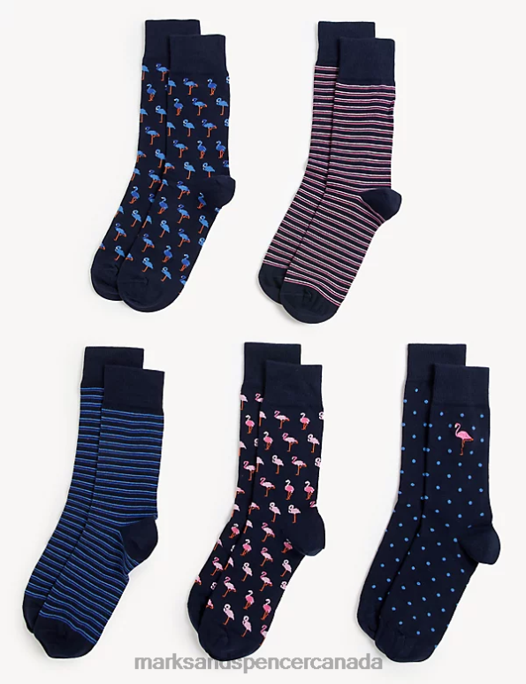 Men Navy Mix Clothing Marks & Spencer 5pk Cool & Fresh Assorted Socks 20VTD5558 - Marks and Spencer online