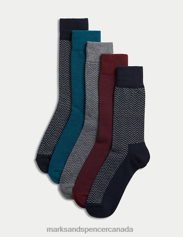 Men Navy Mix Clothing Marks & Spencer 5pk Cool & Fresh Cotton Rich Socks 20VTD4767 - Marks and Spencer outlet