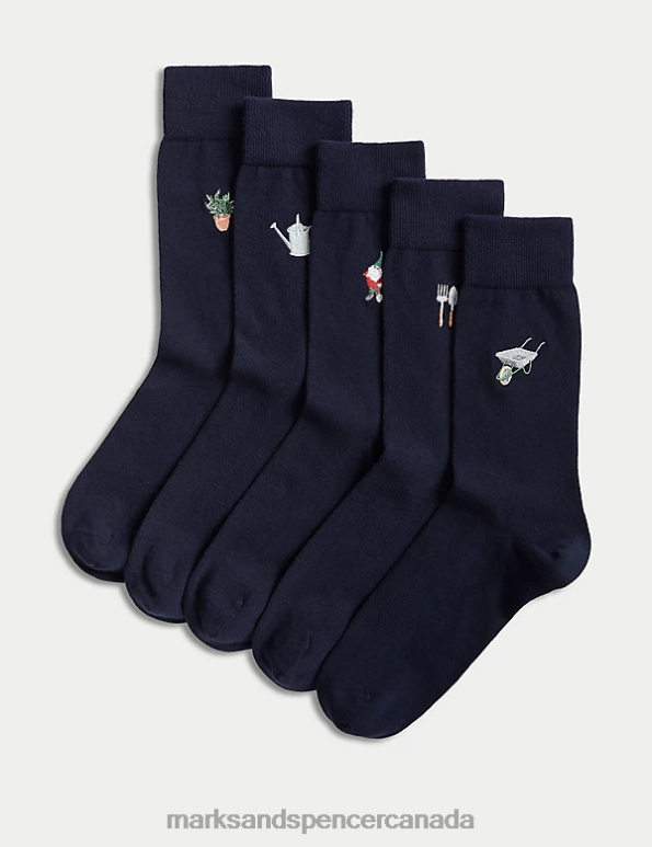 Marks and Spencer sale - Men Navy Mix Clothing Marks & Spencer 5pk Cool & Fresh Embroidered Socks 20VTD5373