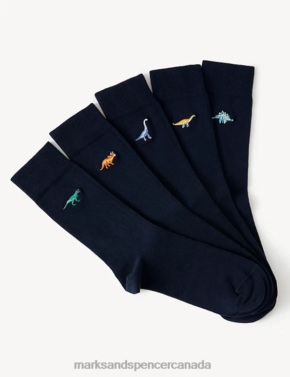 Men Navy Mix Clothing Marks & Spencer 5pk Dinosaur Cotton Rich Socks 20VTD4867 - Marks and Spencer Canada locations