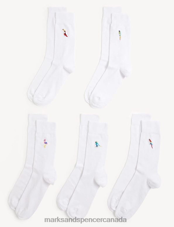 Men White Mix Clothing Marks & Spencer 5pk Cool & Fresh Bird Cotton Rich Socks 20VTD5569 - Marks and Spencer outlet