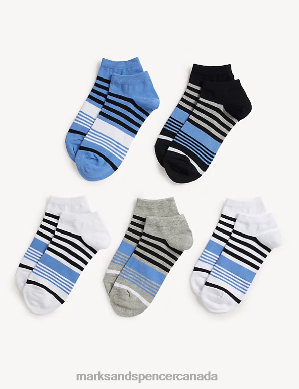 Marks and Spencer Canada - Men White Mix Clothing Marks & Spencer 5pk Cool & Fresh Striped Trainer Socks 20VTD4902