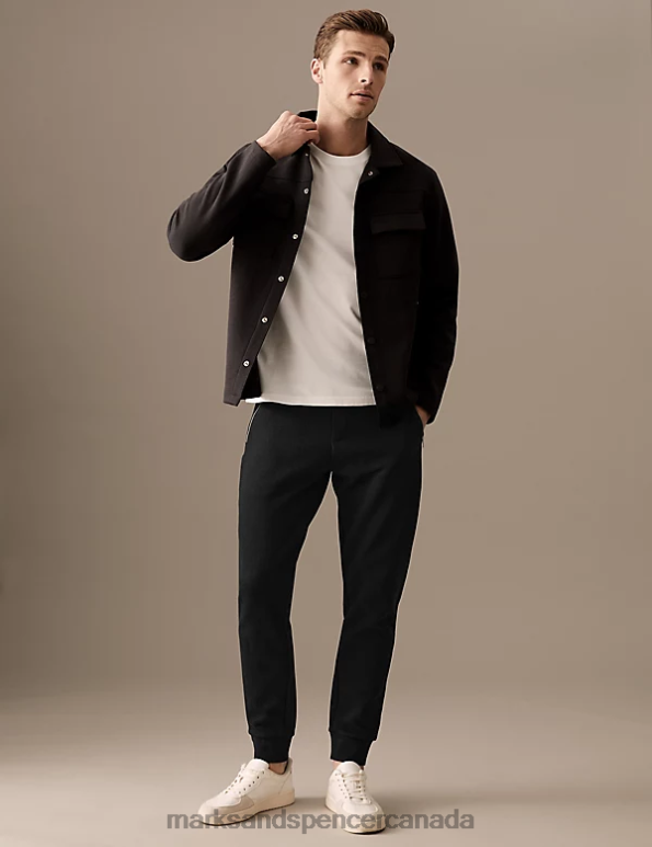 Marks and Spencer near me - Men Black Clothing Marks & Spencer Cuffed Cotton Blend Zip Pocket Joggers 20VTD7000