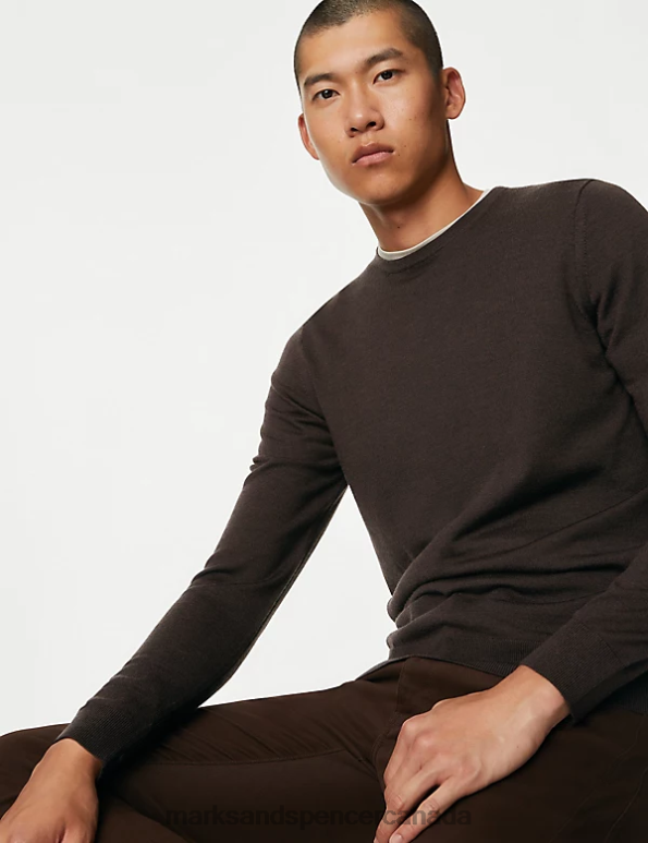 Men Bitter Chocolate Clothing Marks & Spencer Pure Extra Fine Merino Wool Crew Neck Jumper 20VTD5331 - Marks and Spencer Canada locations