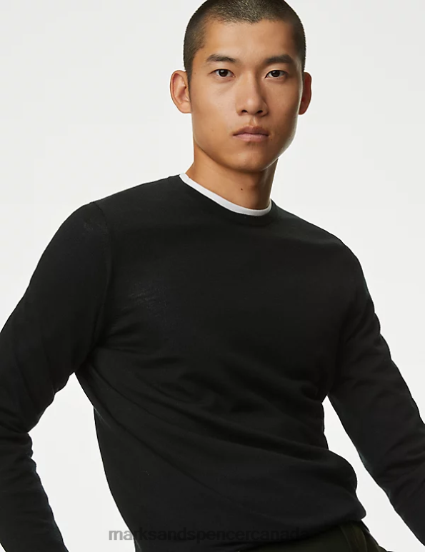 Men Black Clothing Marks & Spencer Pure Extra Fine Merino Wool Crew Neck Jumper 20VTD4961 - Marks and Spencer Canada locations