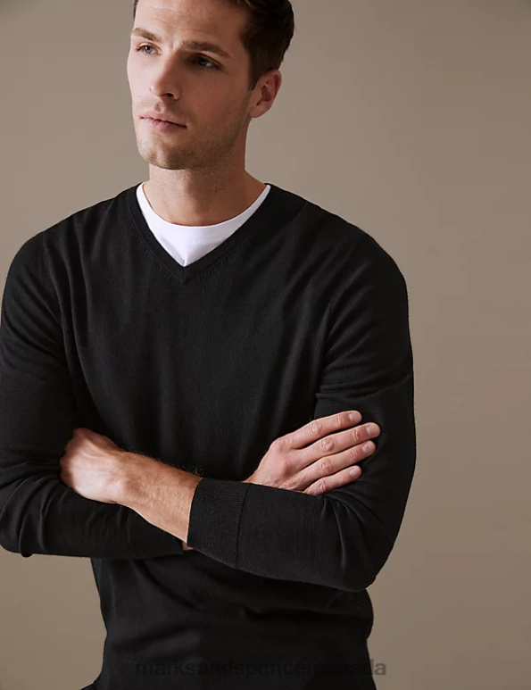 Marks and Spencer Canada - Men Black Clothing Marks & Spencer Pure Extra Fine Merino Wool V-Neck Jumper 20VTD5179