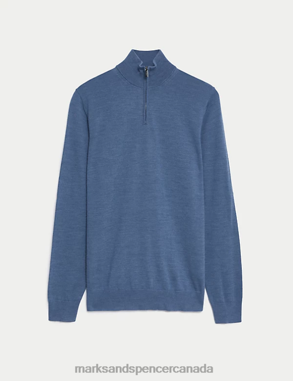 Men Blue Clothing Marks & Spencer Pure Extra Fine Merino Wool Half Zip Jumper 20VTD6582 - Marks and Spencer online