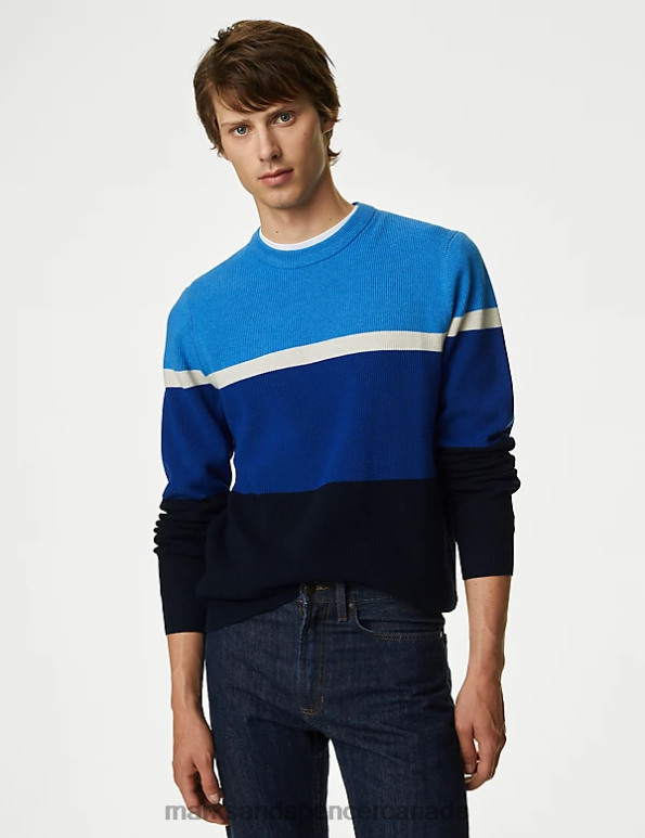 Marks and Spencer Canada - Men Blue Mix Clothing Marks & Spencer Cotton Blend Block Stripe Crew Neck Jumper 20VTD5354