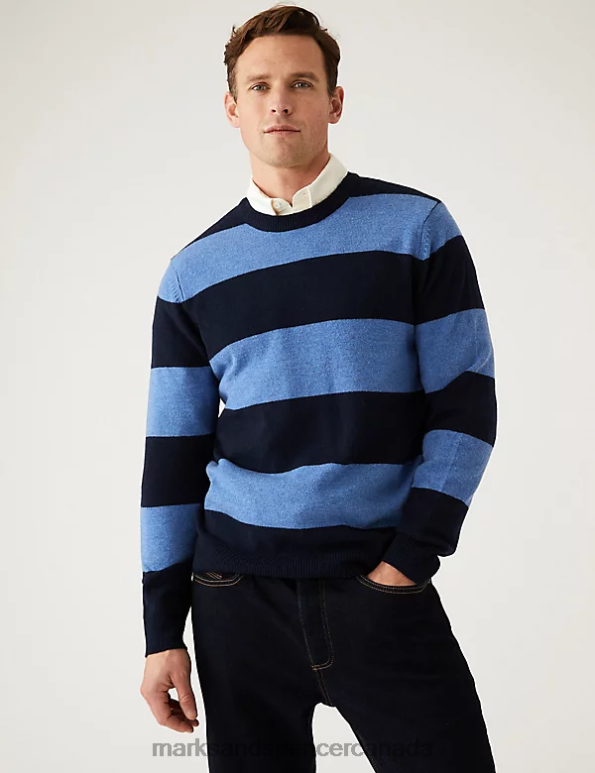 Men Blue Mix Clothing Marks & Spencer Pure Extra Fine Lambswool Striped Jumper 20VTD6552 - Marks and Spencer outlet