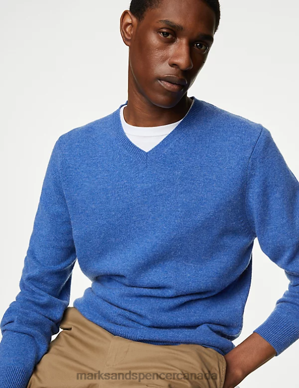 Men Blue Mix Clothing Marks & Spencer Pure Extra Fine Lambswool V-Neck Jumper 20VTD6897 - Marks and Spencer online