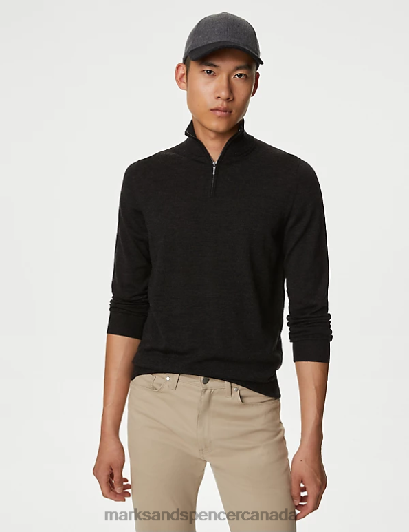 Marks and Spencer Canada - Men Charcoal Clothing Marks & Spencer Pure Extra Fine Merino Wool Half Zip Jumper 20VTD6576