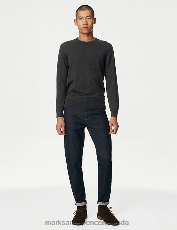 Men Dark Charcoal Clothing Marks & Spencer Pure Extra Fine Merino Wool Crew Neck Jumper 20VTD5332 - Marks and Spencer outlet