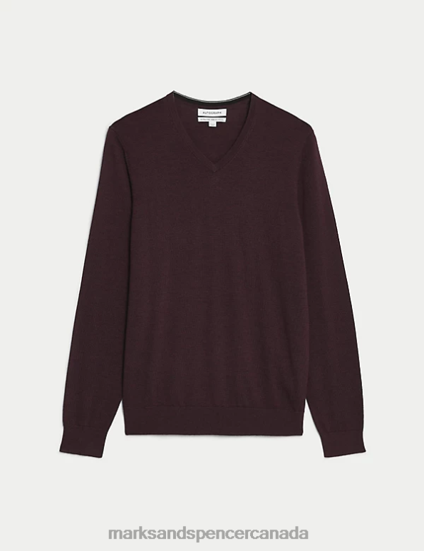 Marks and Spencer Canada - Men Dark Claret Clothing Marks & Spencer Pure Extra Fine Merino Wool V-Neck Jumper 20VTD5574