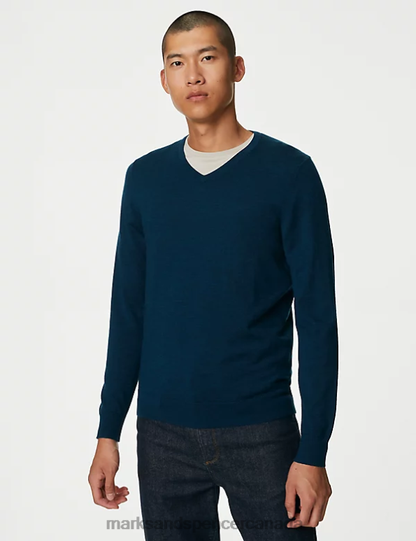 Marks and Spencer near me - Men Dark Kingfisher Clothing Marks & Spencer Pure Extra Fine Merino Wool V-Neck Jumper 20VTD5575