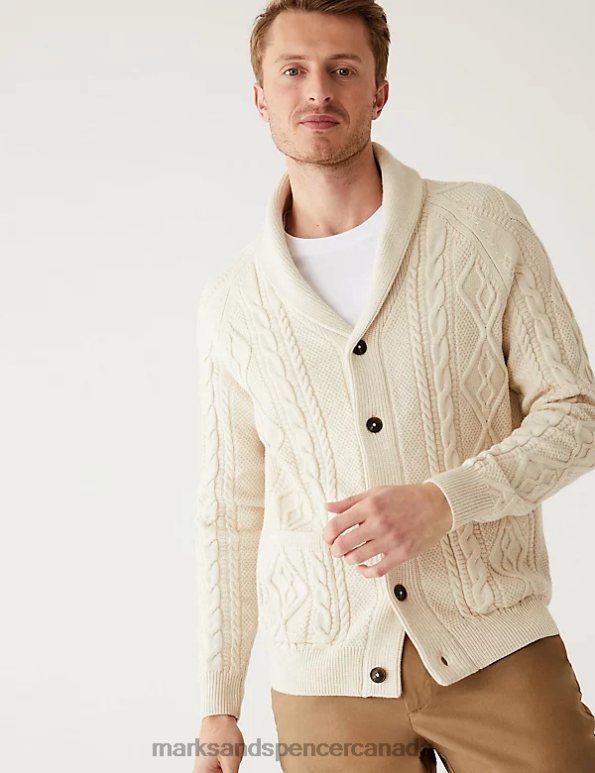 Men Ecru Clothing Marks & Spencer Cotton Blend Ribbed Shawl Collar Cardigan 20VTD6827 - Marks and Spencer Canada locations