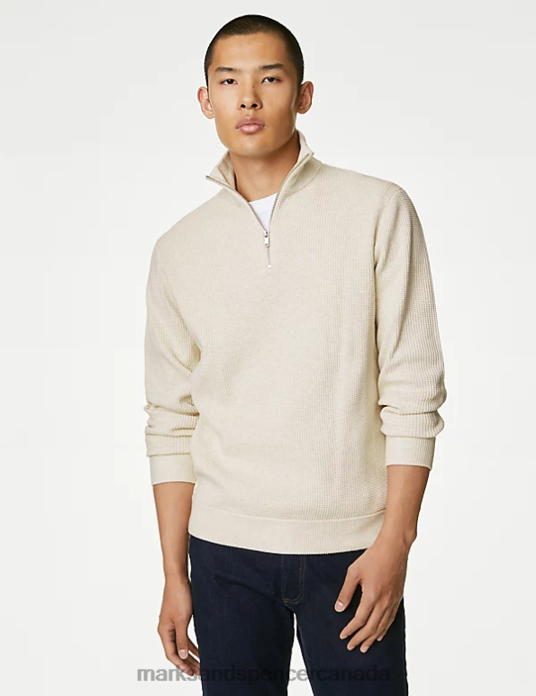 Marks and Spencer sale - Men Ecru Clothing Marks & Spencer Cotton Blend Textured Half Zip Jumper 20VTD5864