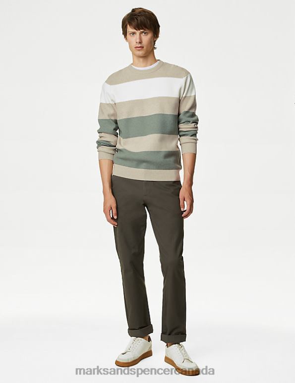 Men Ecru Mix Clothing Marks & Spencer Cotton Blend Block Stripe Crew Neck Jumper 20VTD5748 - Marks and Spencer outlet