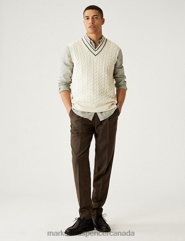 Marks and Spencer Canada - Men Ecru Mix Clothing Marks & Spencer Cotton Blend Cable V-Neck Knitted Vest 20VTD6661