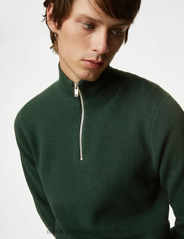 Marks and Spencer Canada - Men Green Clothing Marks & Spencer Cotton Blend Textured Half Zip Jumper 20VTD5862