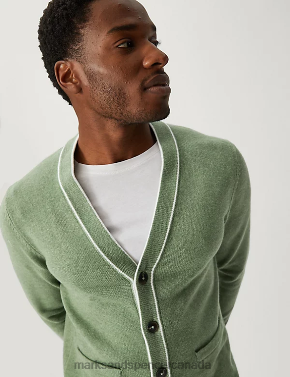 Men Green Mix Clothing Marks & Spencer Cotton Blend Tipped V-Neck Cardigan 20VTD5100 - Marks and Spencer outlet