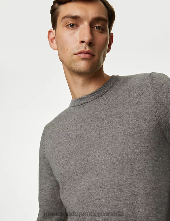 Men Grey Clothing Marks & Spencer Pure Cotton Crew Neck Jumper 20VTD7523 - Marks and Spencer online