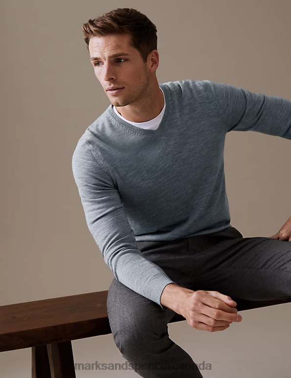 Men Grey Clothing Marks & Spencer Pure Extra Fine Merino Wool V-Neck Jumper 20VTD5572 - Marks and Spencer Canada locations