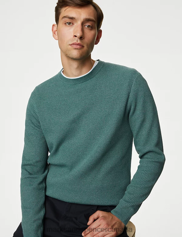 Marks and Spencer Canada - Men Light Green Clothing Marks & Spencer Cotton Blend Textured Crew Neck Jumper 20VTD7124