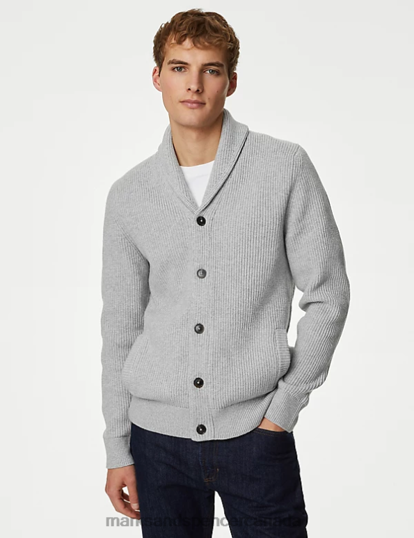 Marks and Spencer sale - Men Light Grey Clothing Marks & Spencer Cotton Blend Textured Shawl Collar Cardigan 20VTD6671