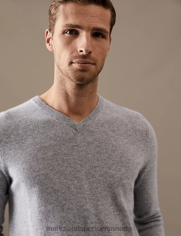 Men Light Grey Clothing Marks & Spencer Pure Cashmere V-Neck Jumper 20VTD7324 - Marks and Spencer Canada locations