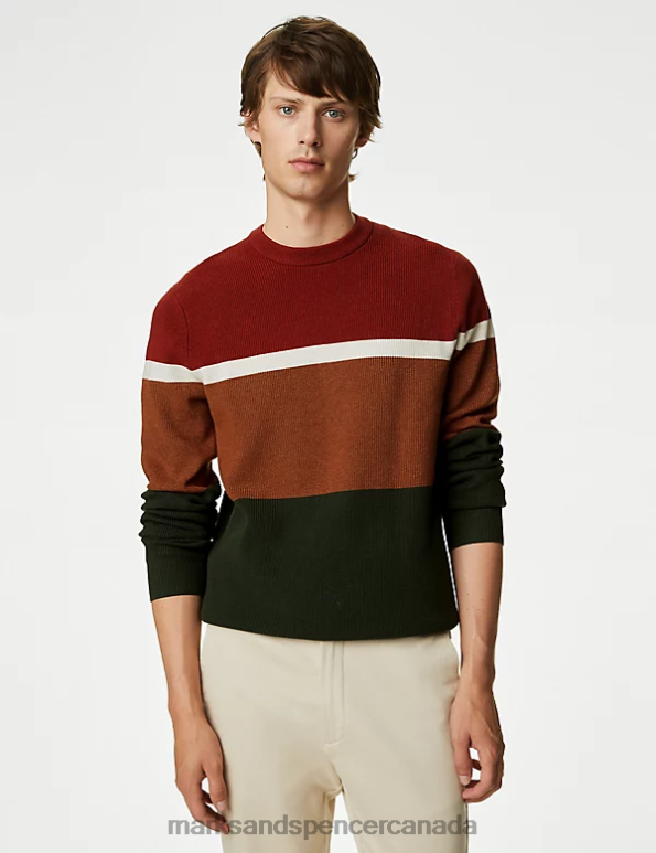 Men Multi Clothing Marks & Spencer Cotton Blend Block Stripe Crew Neck Jumper 20VTD5747 - Marks and Spencer Canada locations