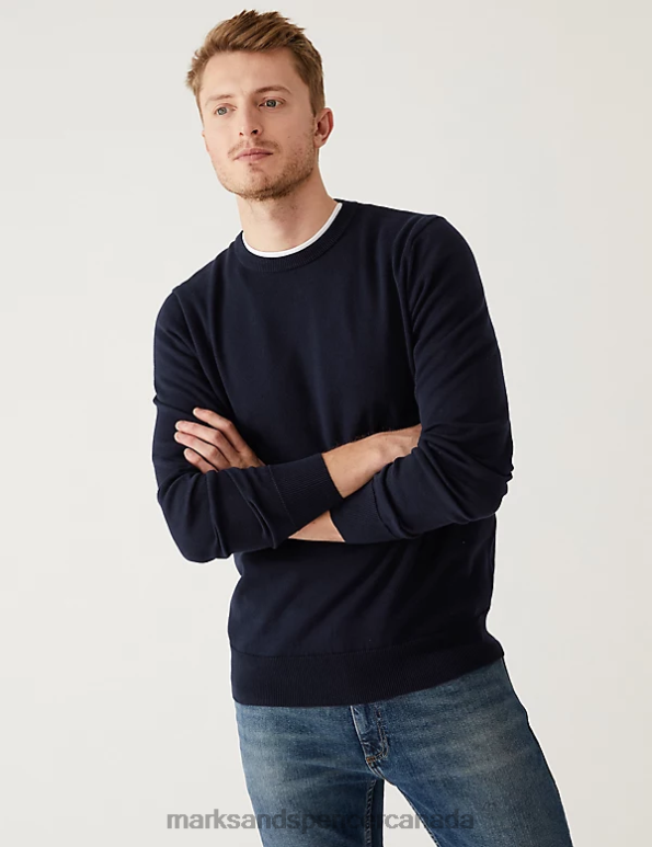 Men Navy Clothing Marks & Spencer Pure Cotton Crew Neck Jumper 20VTD7516 - Marks and Spencer online