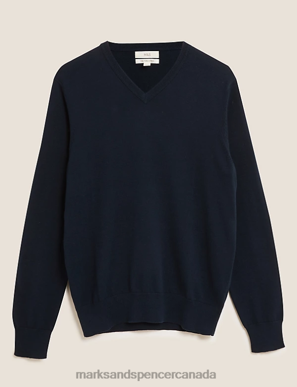 Men Navy Clothing Marks & Spencer Pure Cotton V-Neck Knitted Jumper 20VTD6860 - Marks and Spencer outlet