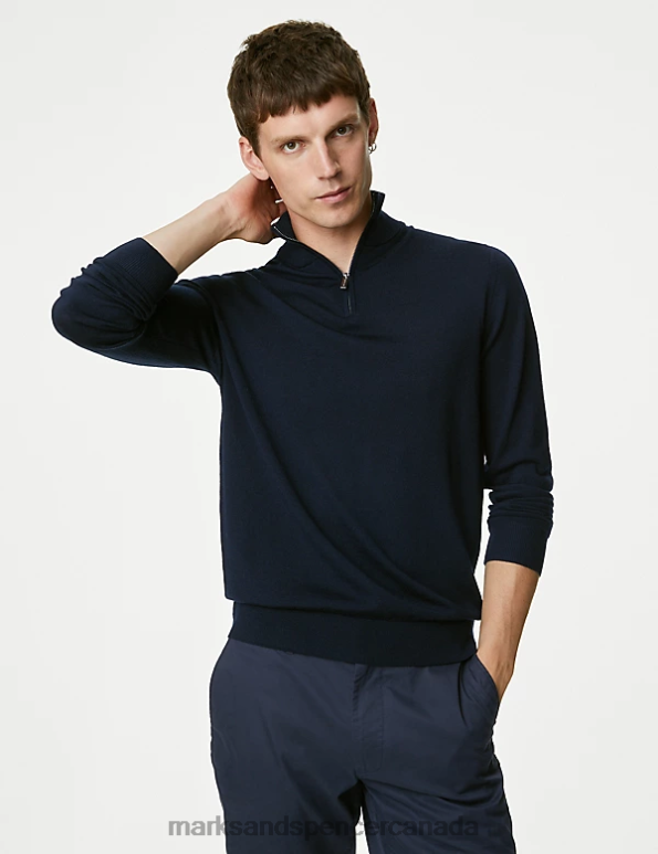 Men Navy Clothing Marks & Spencer Pure Extra Fine Merino Wool Half Zip Jumper 20VTD6210 - Marks and Spencer outlet