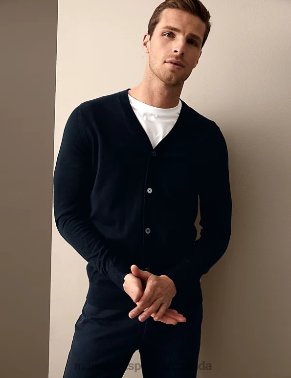 Men Navy Clothing Marks & Spencer Pure Extra Fine Merino Wool V-Neck Cardigan 20VTD6995 - Marks and Spencer online