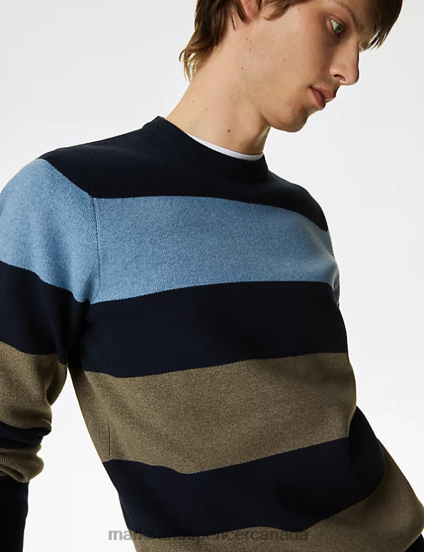 Marks and Spencer Canada - Men Navy Mix Clothing Marks & Spencer Cotton Blend Block Stripe Crew Neck Jumper 20VTD5749