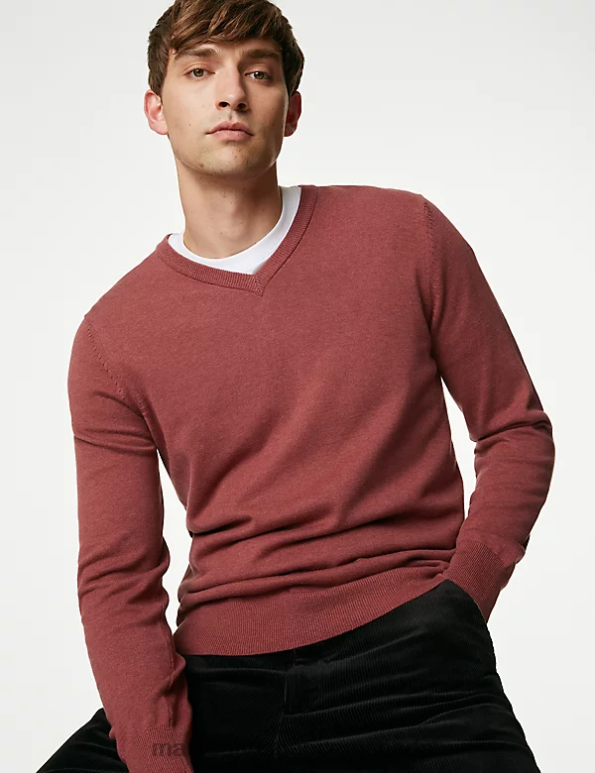 Men Oxblood Clothing Marks & Spencer Pure Cotton V-Neck Knitted Jumper 20VTD7207 - Marks and Spencer online