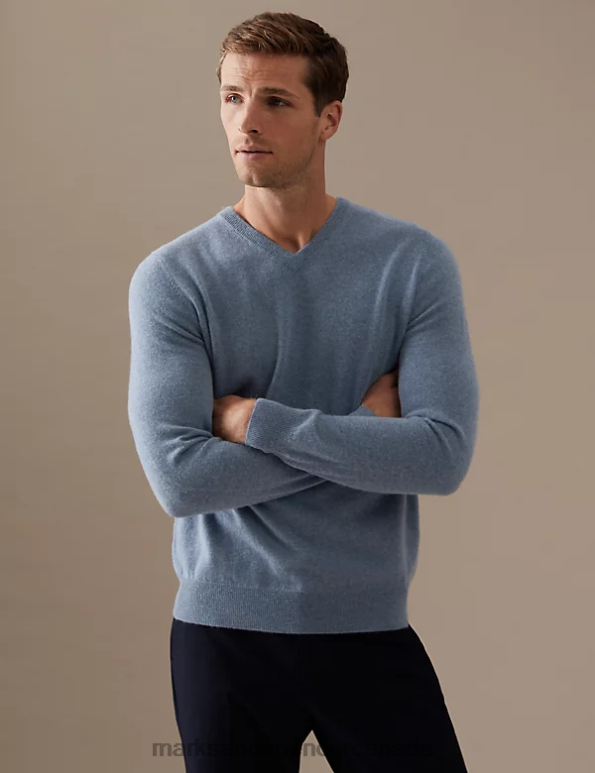 Men Pale Blue Clothing Marks & Spencer Pure Cashmere V-Neck Jumper 20VTD7325 - Marks and Spencer outlet