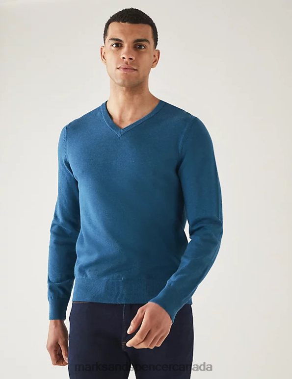 Marks and Spencer near me - Men Periwinkle Clothing Marks & Spencer Pure Cotton V-Neck Knitted Jumper 20VTD7205