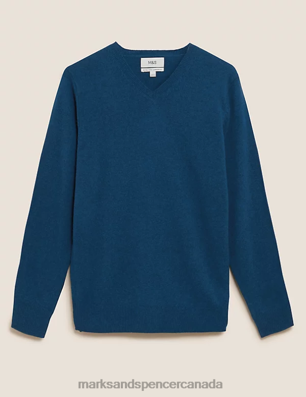 Men Teal Clothing Marks & Spencer Pure Extra Fine Lambswool V-Neck Jumper 20VTD6543 - Marks and Spencer Canada locations