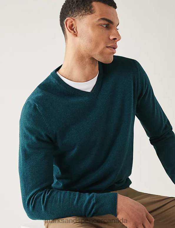 Marks and Spencer sale - Men Teal Mix Clothing Marks & Spencer Pure Cotton V-Neck Knitted Jumper 20VTD7206