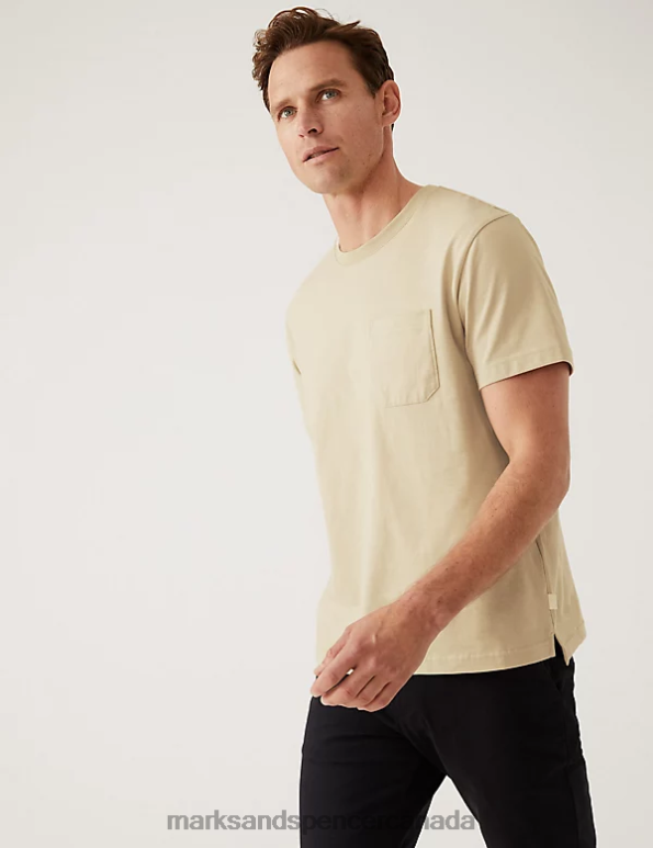 Men Beige Clothing Marks & Spencer Pure Cotton Heavyweight T-Shirt 20VTD5359 - Marks and Spencer Canada locations