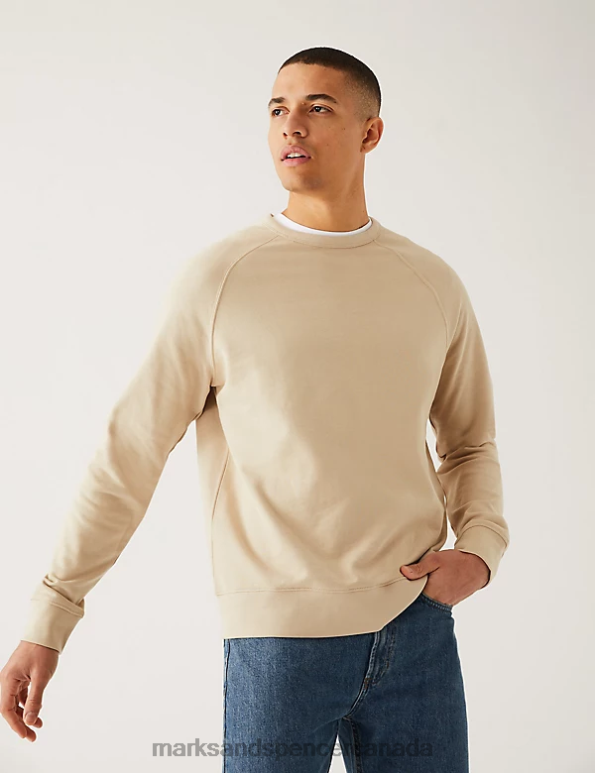 Men Beige Clothing Marks & Spencer Pure Cotton Raglan Crew Neck Sweatshirt 20VTD7530 - Marks and Spencer outlet