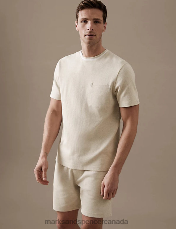 Marks and Spencer sale - Men Beige Marl Clothing Marks & Spencer Pure Cotton Textured T-Shirt 20VTD4930