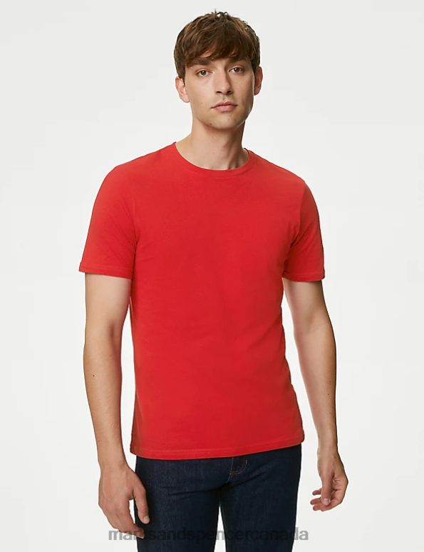 Men Berry Red Clothing Marks & Spencer Pure Cotton Crew Neck T-Shirt 20VTD163 - Marks and Spencer Canada locations