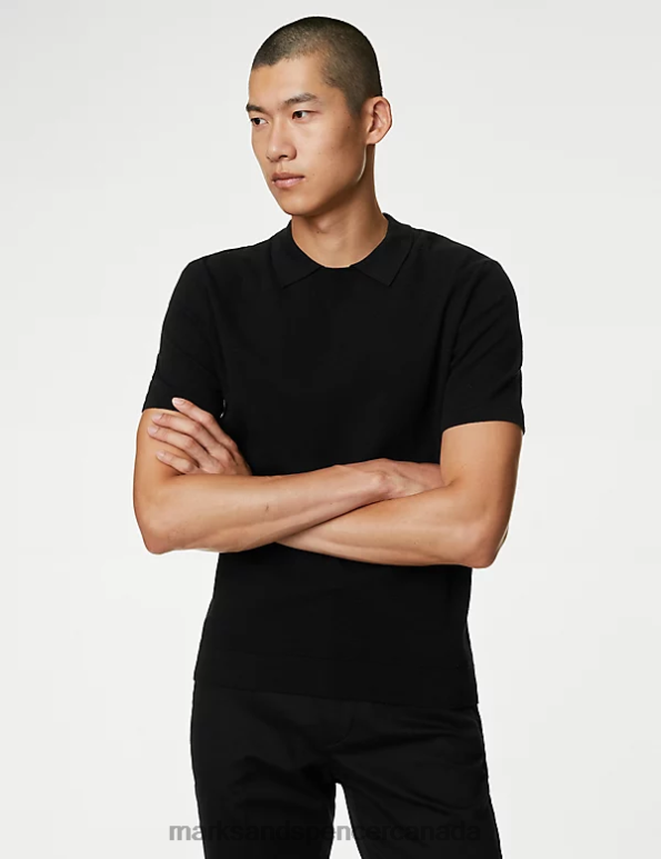 Men Black Clothing Marks & Spencer Cotton Rich Short Sleeve Knitted Polo Shirt 20VTD6004 - Marks and Spencer Canada locations