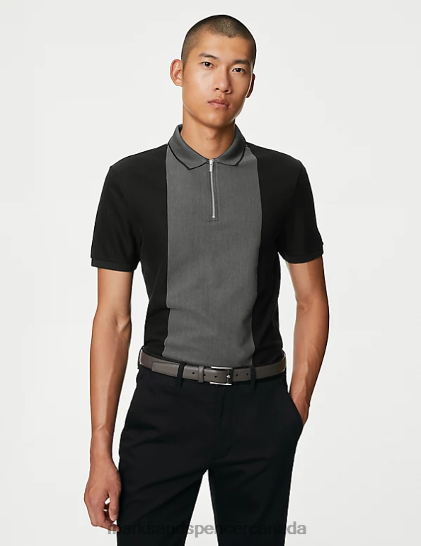 Marks and Spencer near me - Men Black Clothing Marks & Spencer Pure Cotton Half Zip Colour Block Polo Shirt 20VTD5271