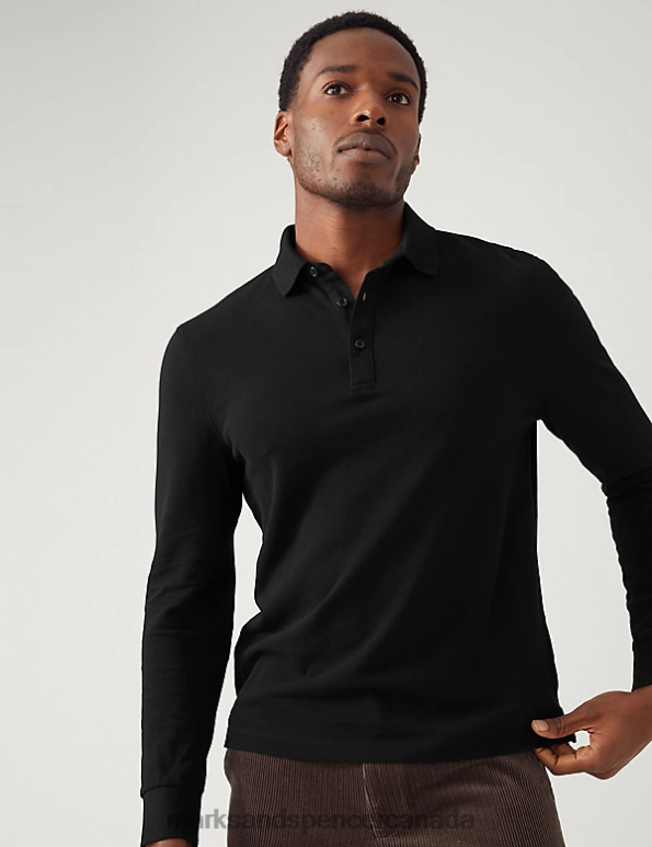 Marks and Spencer Canada - Men Black Clothing Marks & Spencer Pure Cotton Long Sleeve Polo Shirt 20VTD7375