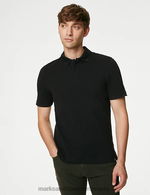 Men Black Clothing Marks & Spencer Pure Cotton Pique Polo Shirt 20VTD187 - Marks and Spencer outlet