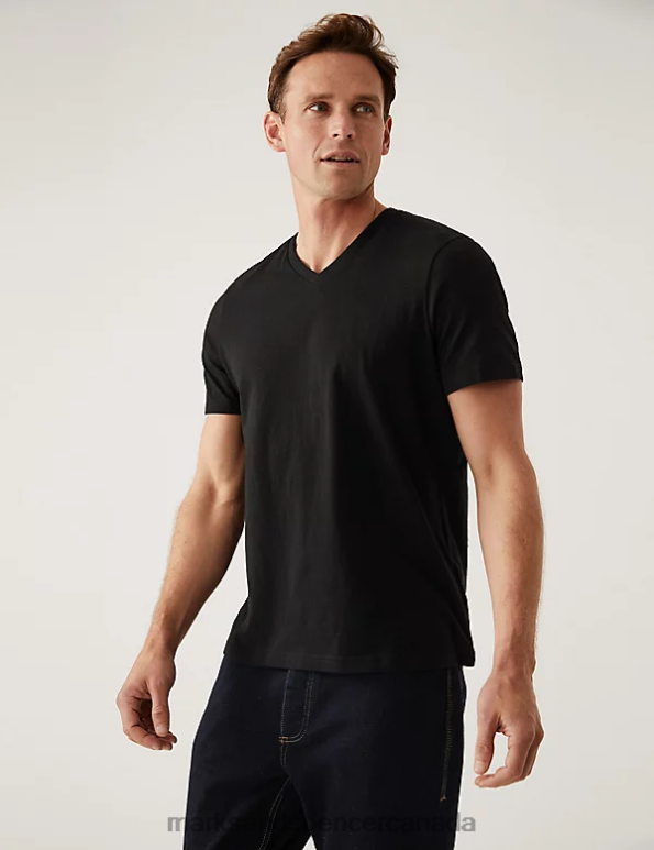 Men Black Clothing Marks & Spencer Pure Cotton V-Neck T-Shirt 20VTD5202 - Marks and Spencer Canada locations