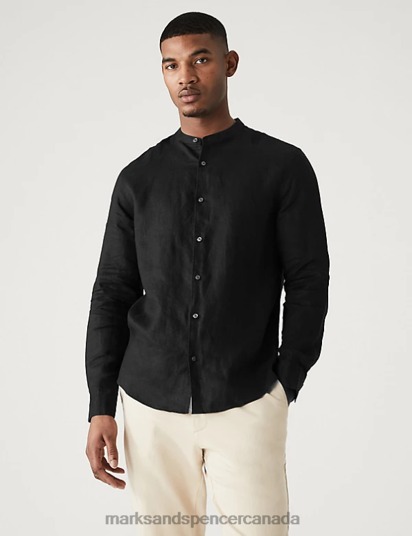 Marks and Spencer sale - Men Black Clothing Marks & Spencer Pure Linen Grandad Collar Shirt 20VTD6905